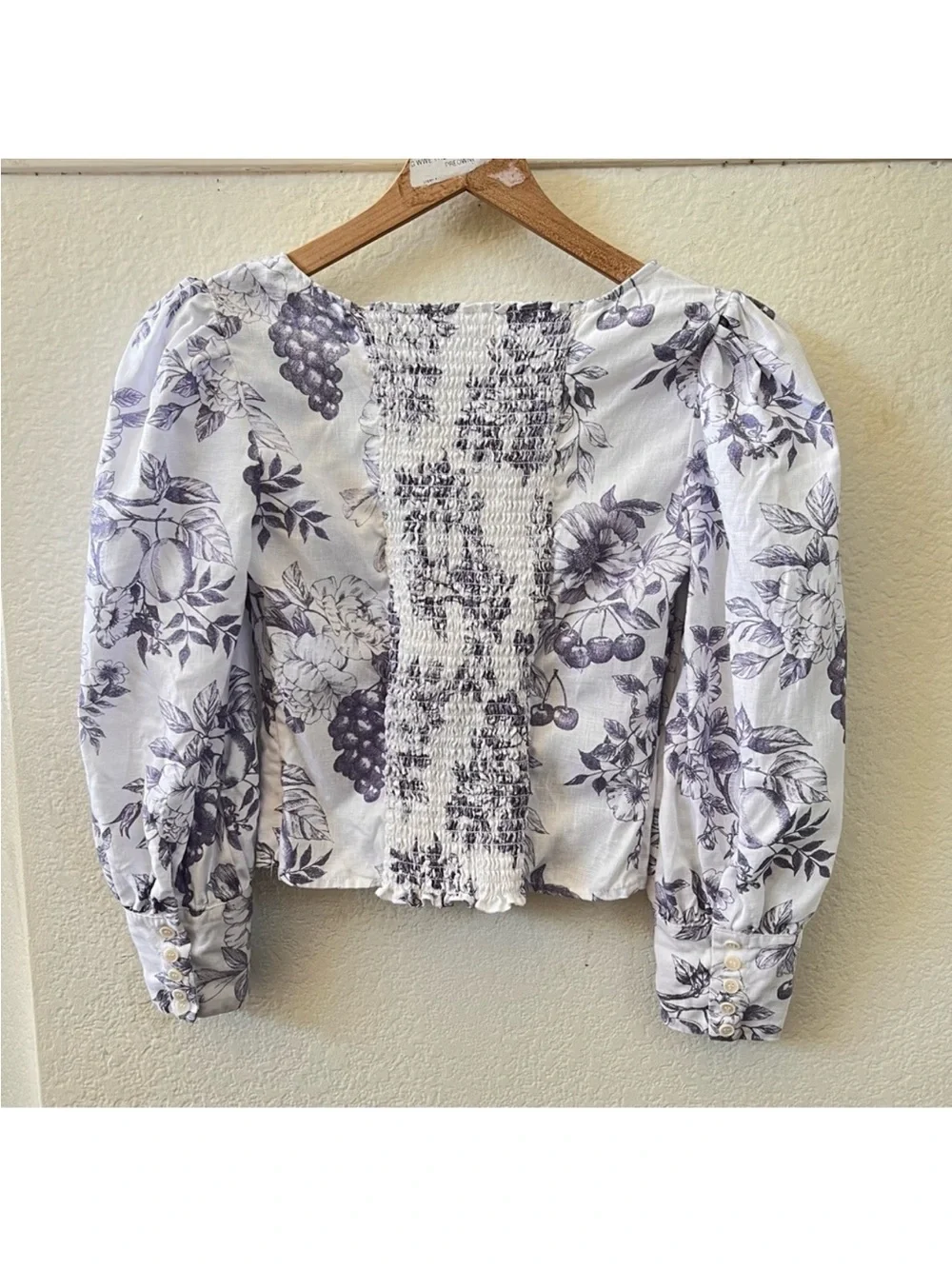 REFORMATION Blouse Top Carla Stilton Linen Puff Sleeve Floral Print White Blue 2